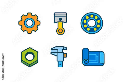 Collection of engineering and mechanical icons with glowing effect