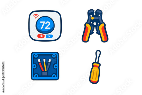 Icon Set: Thermostat, Wire Stripper, Junction Box, Screwdriver