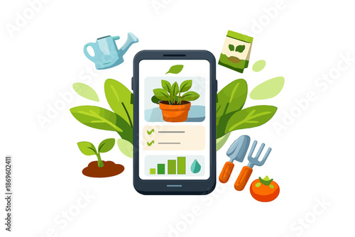 Gardening app on smartphone with plants and tools