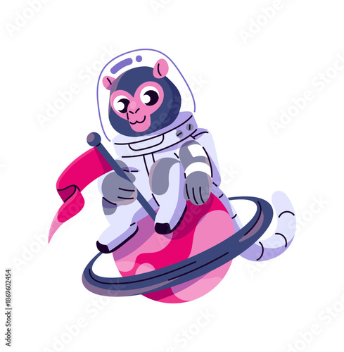 Funny monkey in spacesuit and helmet is landing on planet. Cute animal astronaut is in outer space. Spaceman with flag is spacewalking in cosmos. Flat isolated vector illustration on white background.