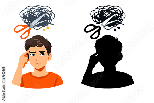 Man with tangled thoughts being cut by scissors