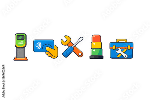 Set of icons representing payment, tools, and status signals