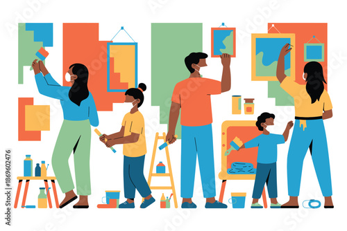 Family paints walls and hangs artwork in a brightly colored room together.
