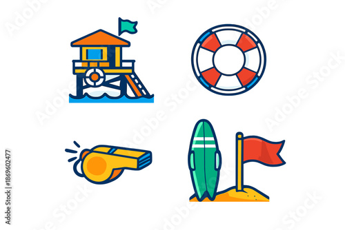 Beach and lifeguard icons set