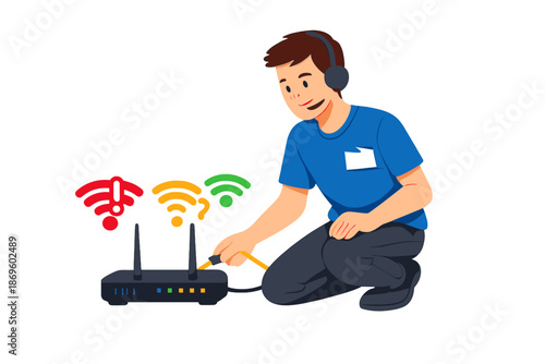 Man connecting WiFi router with colored signal icons