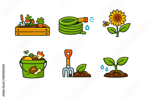 Gardening icons set on a blurred background
