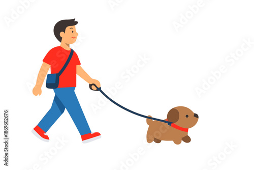 Young man walking dog on a leash at night