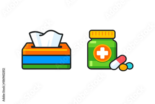 Medicine and tissue icons isolated on a gradient background