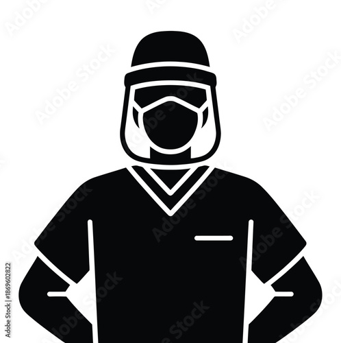 A healthcare worker stands ready in protective gear against a white background.