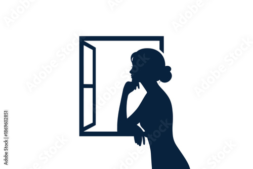 Silhouette of a woman looking out an open window, contemplating the view.