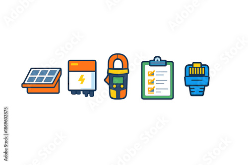 Solar power icons: solar panel, inverter, clamp meter, checklist, and ethernet connector