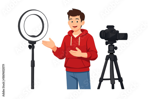 Young Man Filming Content With Ring Light and Camera