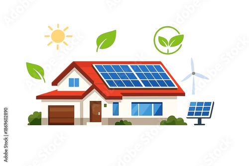 Eco-friendly house with solar panels and wind turbine