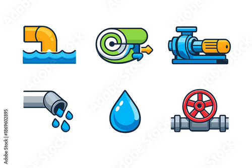 Set of stylized icons representing water and plumbing elements