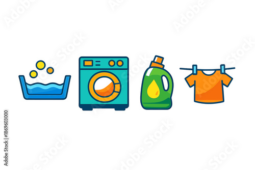 Laundry process icons with washbasin, washing machine, detergent, and drying line