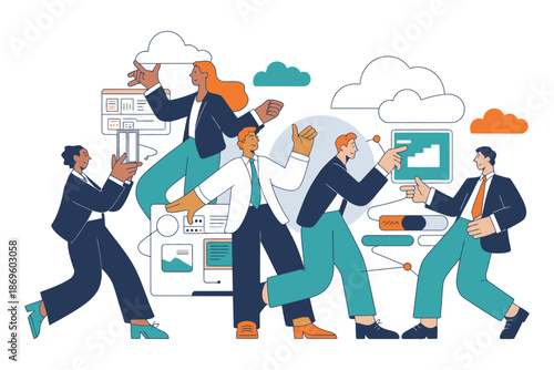 Diverse business team collaborating on a digital project with cloud integration.