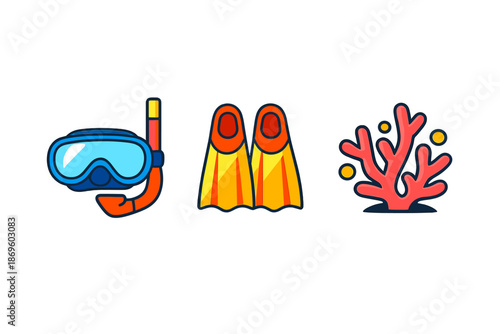 Scuba diving gear and coral icon set