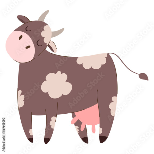Flat vector doodle illustration of adorable cow character on white background. Suitable for children branding, posters, stickers and storytelling design