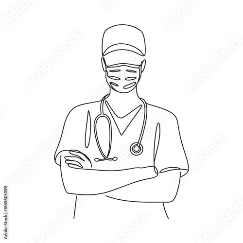Simple line drawing of a healthcare worker with a mask and stethoscope