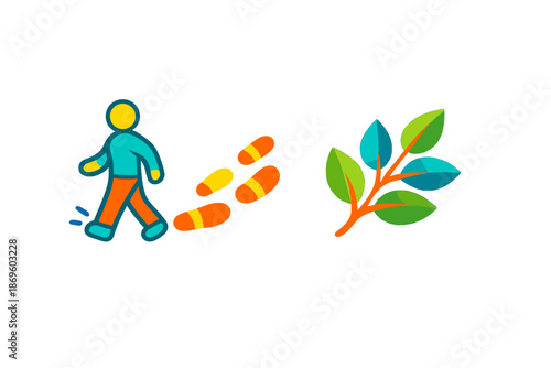 Abstract representation of a person walking past pills towards a plant