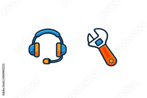 Headset and wrench icons on gray background
