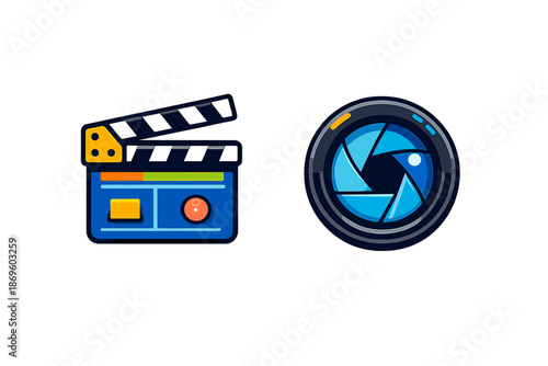 Clapperboard and camera lens icons