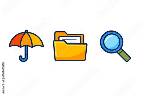 Umbrella, Folder, and Magnifying Glass Icons