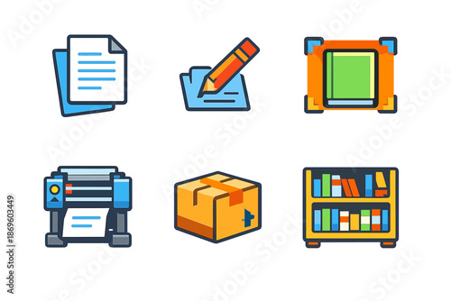 Set of 6 stylized icons representing office and storage concepts