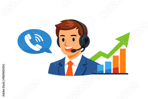 Customer service representative with headset and growth chart