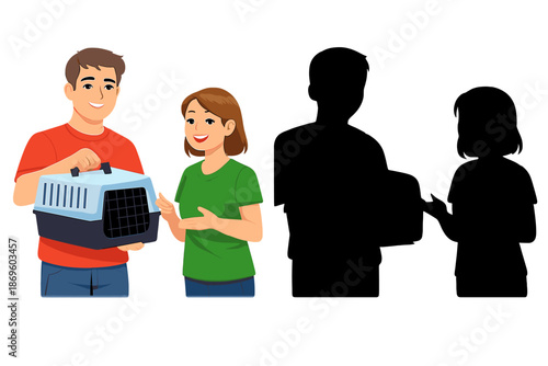 Man holding pet carrier for woman