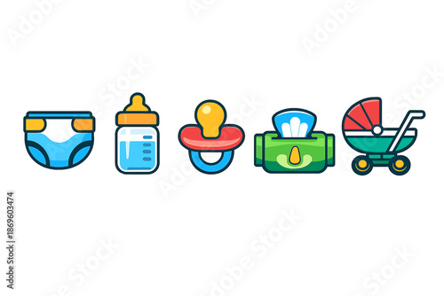 Baby Essentials Icons on Gray Background