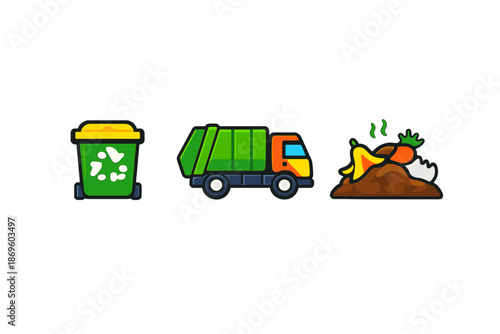 Recycle bin, garbage truck, and compost pile icons