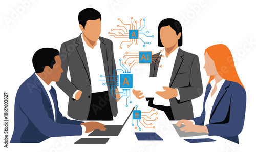 Diverse business team collaborates on artificial intelligence innovation in a modern office meeting.
