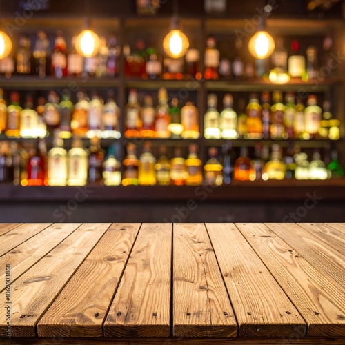 Wooden bar top in front of a blurred bar