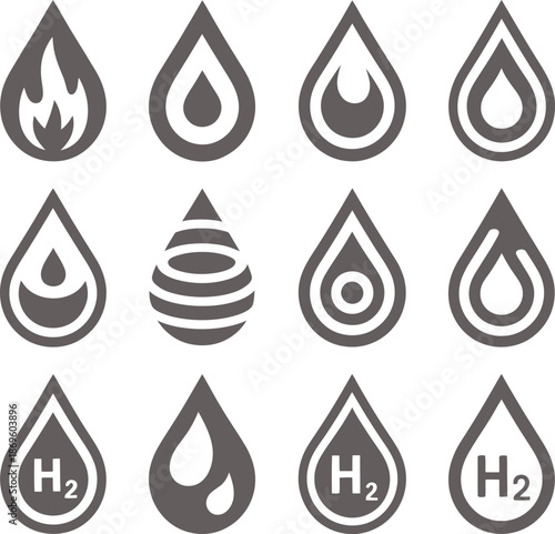 Vector grid of twelve water droplet icons featuring symbolic designs for hydrogen, energy, and environmental fluid concepts.
