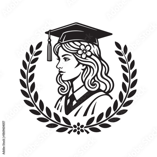 Female graduate silhouette portrait with floral laurel wreath. Vector black and white illustration of university student in mortarboard cap and gown. Education logo design or academic achievement symb