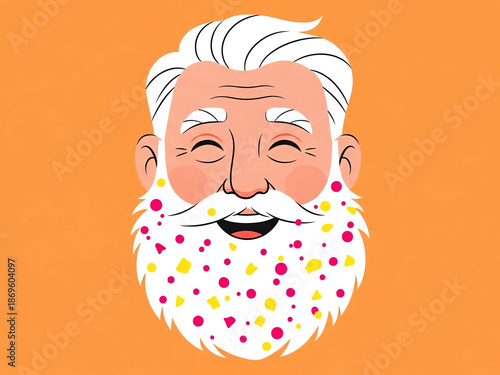 Happy elderly man with white beard adorned in colorful specks  