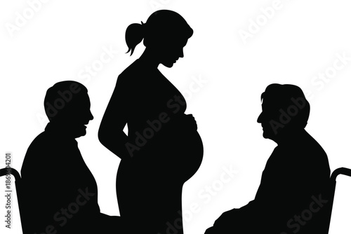 Pregnant woman stands between two people in wheelchairs, representing family and care.