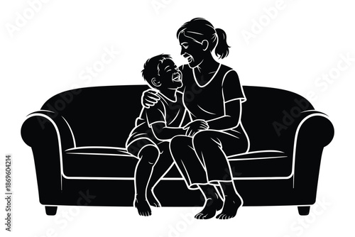 A mother and child share a loving moment while sitting together on a sofa.