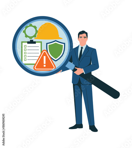 A businessman inspects safety and compliance symbols with a magnifying glass.
