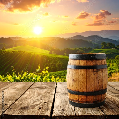 Wooden barrel on a rustic wooden surface, vineyard landscape at sunset