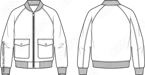 Bomber jacket sketch, technical garment drawing, front and back view, flap pockets, ribbed cuffs, raglan sleeves, flat vector illustration