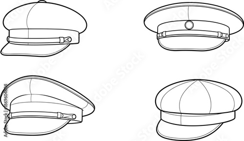 Military peaked cap sketch set, technical fashion drawing, front side rear views, button detail, brim shape, flat vector illustration
