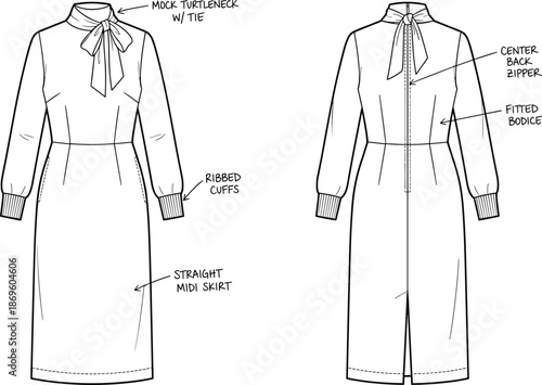Mock turtleneck dress sketch, technical garment drawing, front and back view, center back zipper, ribbed cuffs, flat vector illustration