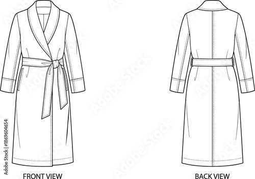 Robe fashion sketch, technical garment drawing, front and back view, shawl collar robe, waist tie belt, cuff sleeve detail, flat vector illustration