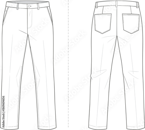 Pants fashion sketch, technical garment drawing, front and back view, waistband detail, patch pockets, seam lines, flat vector illustration