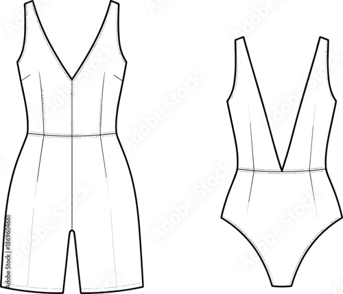 Romper and bodysuit sketch, technical garment drawing, deep V-neckline, princess seams, waistband detail, sleeveless design, flat vector illustration