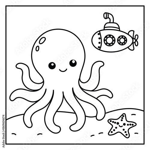 Cute Octopus with Submarine Underwater Coloring Page Illustration