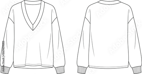 Sweater fashion sketch, technical garment drawing, front and back view, V-neckline, crew neckline, ribbed cuffs, dropped shoulder, flat vector illustration
