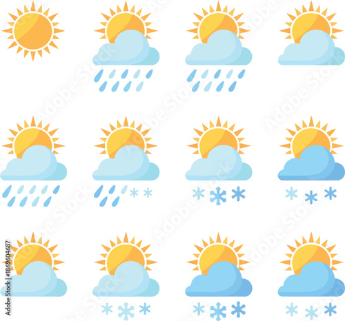 Weather forecast icons with sun and clouds and various precipitation types